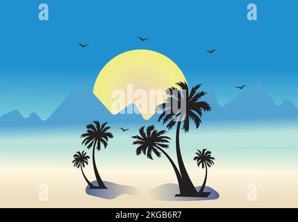 Palmen, Sonne, Strand und Berglandschaft Stock Vektor