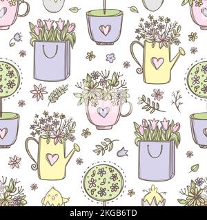 OSTERBLUMEN festlicher Hintergrund mit Blumensträußen in Einer Tasse Gießkanne und Papiertasche Handgezogener Cartoon Nahtloses Muster Vektor Illustration für Stock Vektor