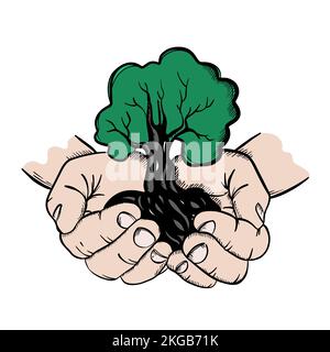 ÖKOLOGISCH SICHERE ZEICHEN KONZEPTBAUM in menschlichen Händen Take Care Natur Planet Erde Globales Problem Banner Cartoon Clip Art Vector Illustration Set zum Drucken Stock Vektor