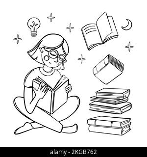 EDUCATION Woman Student liest Universitätsschulbuch Home Learning Monochrome Doodle Sketch Handgezogener Vektor Selbstausbildung Home Teaching of People Ne Stock Vektor