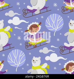 ESKIMO GIRL BEAR Winter Comic Comic Comic Comic Comic mit flachem Design handgezeichneter, nahtloser Vektor mit Mustern zum Drucken Stock Vektor