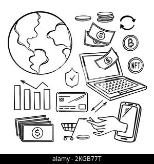 E COMMERCE MONOCHROME Set NFT Market Online Selling of Arts and Musical Works for Crypto Network Technology for Trade Marketplace mit nicht fungibler To Stock Vektor