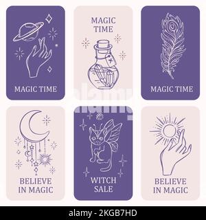 ESOTERISCHE ELEMENTE Mystische okkulte Astrologie Symbolsatz Tarokarte Banner Flyer Poster Broschüre Sticker Hexenkunst handgezeichnete Vektorskizze Halloween C Stock Vektor