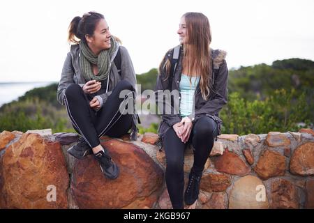 Genießen Sie die Aussicht mit einem Freund... Es ist die beste Möglichkeit. Zwei junge Frauen genießen die Natur beim Wandern. Stockfoto