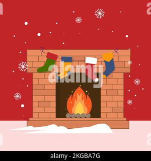 Brennendes Brennholz im Kamin. Weihnachtliches Kaminkonzept in flachem Design. Frohe Weihnachten und Frohes neues Jahr. Winterferien. Stock Vektor