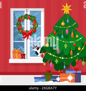 Winterfenster mit Aussicht, ein Geschenk und eine Katze auf dem Schweller. Weihnachtsbaum und Kranz. Gemütliches Zuhause. Frohe Weihnachten und Frohes neues Jahr. Winterferien Stock Vektor