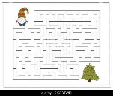 Ein Puzzlespiel für Kinder, durchs Labyrinth gehen. Weihnachtsgnom Mit Zeichentrickfilm Stock Vektor