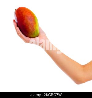 Genug, um deinen Hunger zu stillen. Nahaufnahme einer Frau, die eine Papaya isoliert auf Weiß hält. Stockfoto