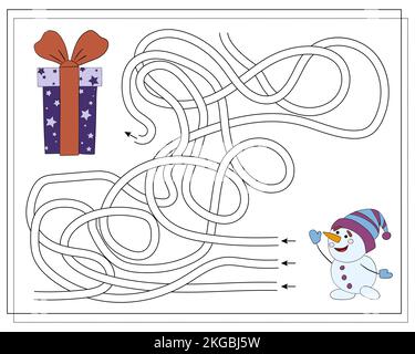 Ein Puzzlespiel für Kinder, durchs Labyrinth gehen. Cartoon Schneemann Stock Vektor