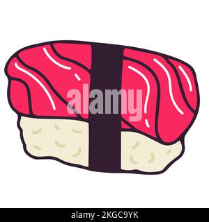 Sushi, Sashimi. Japanische Küche. Doodle, Cartoon isoliert auf weißem Hintergrund Stock Vektor
