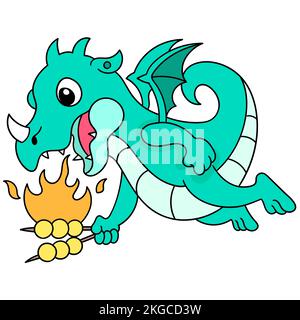 Eine Vektordarstellung eines Drachen-Zeichentrickzeichens, der Marshmallows auf weißem Hintergrund röstet Stock Vektor