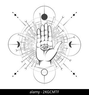 Esoteric Tattoo of Human Palm with All Sehen Eye on Sacred Geometry Background. Vektordarstellung Stock Vektor