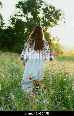 Frau geht auf der Wiese durch malerische Fotografie Stockfoto