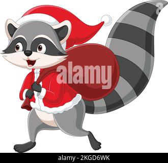 Cartoon-Waschbär im weihnachtsmann-Kostüm mit roter Tasche Stock Vektor