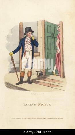 Ein englischer Gentleman, der den Knöchel einer Dame anstarrt. Tom Takeall beobachtet Delia beim Betreten ihrer Haustür. Regency Dandy mit Hut, Reitjacke, gestreifter Weste, Reitstiefeln, mit Kuschel und Monokel. Wir Nehmen Notiz. Handfarbige Kupferplatten-Gravur, gezeichnet und graviert von Richard Dagley aus dem Jahr Takings, oder The Life of A Collegian, John Warren, London, 1821. Stockfoto