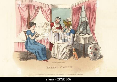 Englische Damen feiern die Geburt eines Kindes, Regency-Ära. Tom Takealls Frau Eliza lag nach der Geburt im Bett. Alle trinken Caudle, ein heißes Getränk, das Invaliden und neuen Müttern gegeben wird. Eine Krankenschwester zeigt das Baby Verwandten und Freunden in einem Schlafzimmer mit Himmelbett, Spiegel und chinesischer Vase. Ich Nehme Caudle. Stockfoto