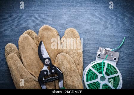 Nahaufnahme grüner Gartendraht und Gartenschere am Handschuh. Stockfoto