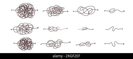 Einfache Linie und komplexe einfache Weise. Kritzeln Doodle Chaos Denkweise. Problemlösung, schwierige Linie. Vektor-Handgezeichneter Konzeptpfad Stock Vektor