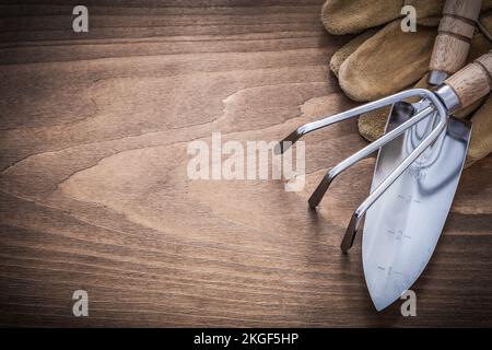 Set aus Sicherheitshandschuhen aus Edelstahl-Gartenhandschaufel mit Rechen und Holzhintergrund für Landwirtschaftskonzept. Stockfoto