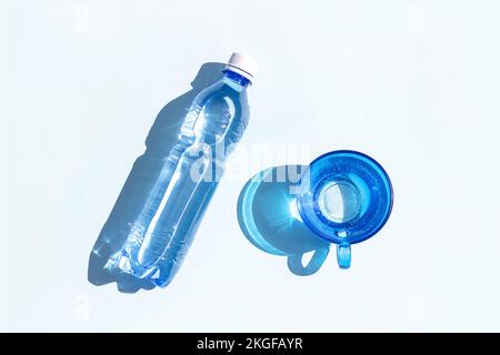 Mineralwasser. Eine Flasche Mineralwasser und ein Glas Wasser mit harten Schatten auf blauem Hintergrund. Ansicht von oben flach liegend. Stockfoto