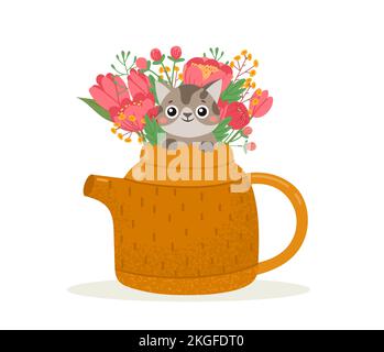 Süße Teekanne mit Blumenstrauß und Katze Stock Vektor
