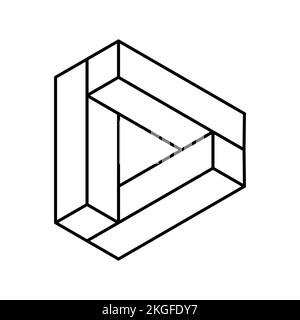 Unmögliche Dreiecksform. Buntes geometrisches dreieckiges Objekt. Stilisierte Wiedergabetaste. Vorlage für das D-Logo. Optische Täuschung aus Rechtecken. 3D Stock Vektor