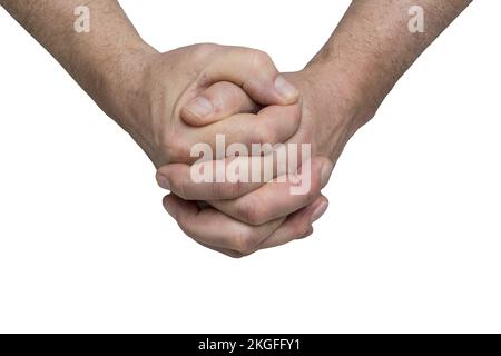 Die Geste eines Mannes mit gedrückten Daumen auf transparentem Hintergrund Stockfoto