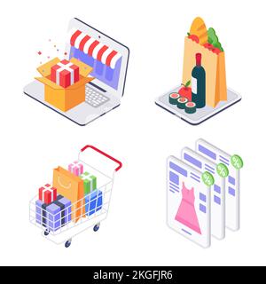 Isometrisches Einkaufskonzept, Online-Bestellung von Lebensmitteln und Kleidung Stock Vektor