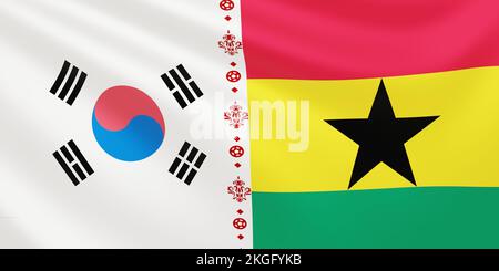 Flagge der Fußballnationalmannschaften Südkorea gegen Ghana beim Fußball-3D-Rendering Stockfoto