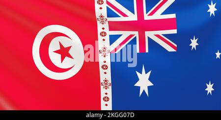 Flagge der Fußballnationalmannschaften Tunesien gegen Australien beim 3D. Rendering. Stockfoto