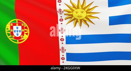 Flagge der Fußballnationalmannschaften Portugal gegen Uruguay beim Fußball. 3D-Rendern. Stockfoto