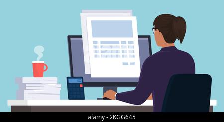 Geschäftsfrau, die am Schreibtisch sitzt und die Unterlagen und elektronischen Dokumente online überprüft Stock Vektor