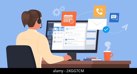 Professionelle virtuelle Assistentin, die am Schreibtisch sitzt und mit dem Computer arbeitet: Sie spricht mit Kunden, antwortet auf Nachrichten und plant Stock Vektor