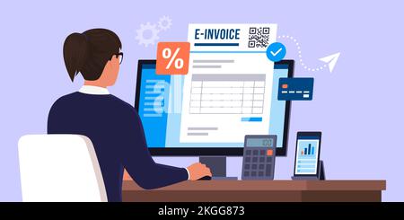 Eine professionelle Geschäftsfrau, die mit ihrem Computer arbeitet, sendet eine E-Rechnung online Stock Vektor
