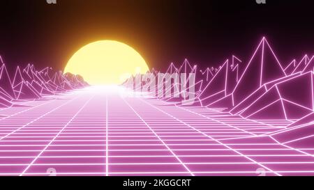 Neon-Sonnenuntergang im Retro-Stil. Vaporwave vintage 3D Neon Landschaft.3D Render Stockfoto