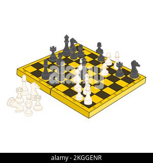 Abbildung: Schachbrett mit Schachstücken. Isoliert auf weißem Hintergrund. Stock Vektor