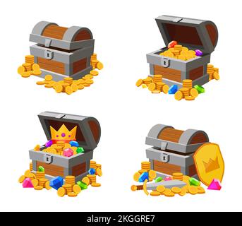 Ein Cartoon-Piratenschatz mit goldenen Münzen und Schmuck Stock Vektor