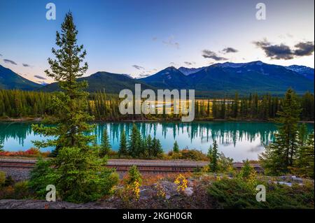 Bow River und Rocky Mountains vom Backswamp Viewpoint im Banff National Park Stockfoto