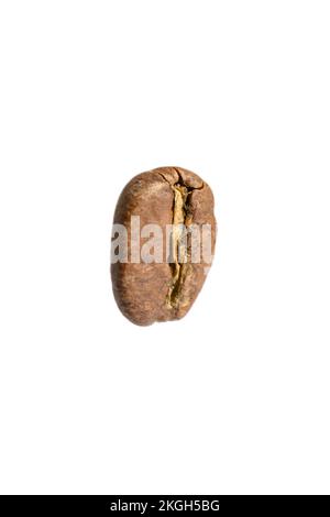 Foto einer Kaffeebohne auf weißem Hintergrund, geröstete Bohne unter Makroobjektiv, Platz zum Kopieren und Platz für Text. Stockfoto