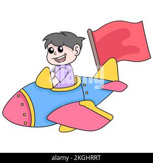 Eine Vektordarstellung einer Pilotenjungen-Zeichentrickfigur auf dem Flugzeug isoliert auf weißem Hintergrund Stock Vektor