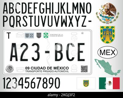 Mexiko, Nummernschild von Mexiko-Stadt mit Zahlen, Buchstaben und Symbolen, Vektordarstellung Stock Vektor