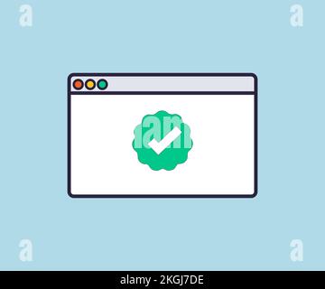 Webbrowser mit grünem Häkchen auf dem Bildschirm, validiert, bestätigt, abgeschlossen, genehmigtes Logo-Design. Browserfenster. Webbrowser im flachen Stil. Stock Vektor