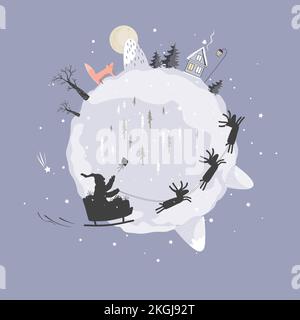 Doodle Winter Planet mit dem Weihnachtsmann und Hirschsilhouetten, die in einem Schlitten fliegen. Süßer kleiner Weihnachts-Planet mit Fuchs, Haus und Tress. Weihnachten und neu Stock Vektor