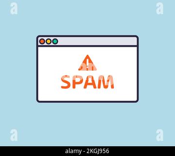 Das Warnfenster für Spam-E-Mail-Kuverts wird auf dem Logo des Webbrowser angezeigt. Benachrichtigung empfangen, Warnmeldung, Warnung, E-Mail abrufen, E-Mail, Spam. Stock Vektor