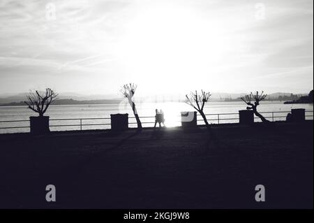 Eine große Graustufe eines Paares, das an einem Wintertag am Meer vorbeiläuft und die Sonne am Himmel scheint Stockfoto