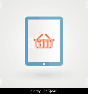 Tablet und Warenkorb. Einkaufskonzept. Vektordarstellung, flaches Design Stock Vektor