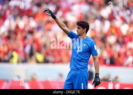 Marokkanischer Torhüter Yassine Bounou während des FIFA-Weltmeisterschaftsspiels der Gruppe F im Al Bayt Stadium, Al Khor, Katar. Bilddatum: Mittwoch, 23. November 2022. Stockfoto