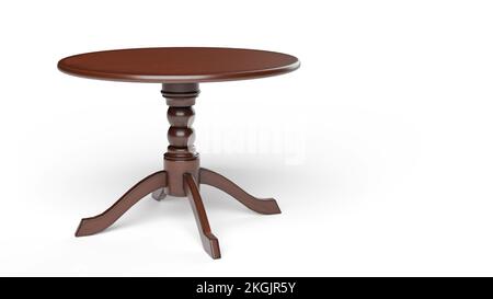 Runder, brauner Retro-Tisch aus Holz. Esstisch isoliert auf weißem Hintergrund. Beschneidungspfad enthalten. Stockfoto