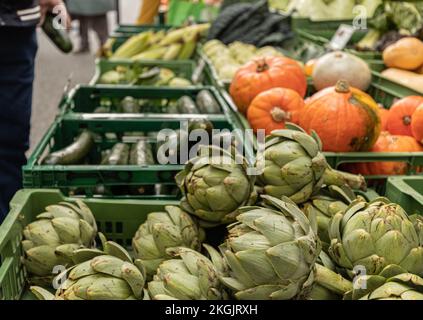 Schönes und gesundes Gemüse liegt in Plastikboxen auf dem österreichischen Straßenmarkt Stockfoto