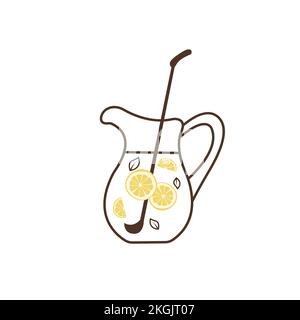 Einfache minimalistische Ikone einer Glaskanne mit Limonade. Zubereitung eines traditionellen sommerlichen Erfrischungsgetränks aus Zitronen, Minze und kohlensäurehaltigem Wasser. Umrühren Stock Vektor